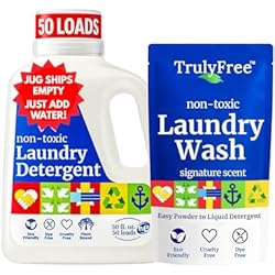 Truly Free Natural Laundry Detergent for Sensitive Skin | Eco Friendly, Plant Based, Baby Clothes Safe | Clean & Easy Powder to Liquid, 1 Empty Reusable Jug + 1 Fill Pack | Signature Scent, 50 Loads