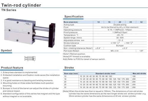 Vérin TN16X50S double tige pour montage automatisé de précision