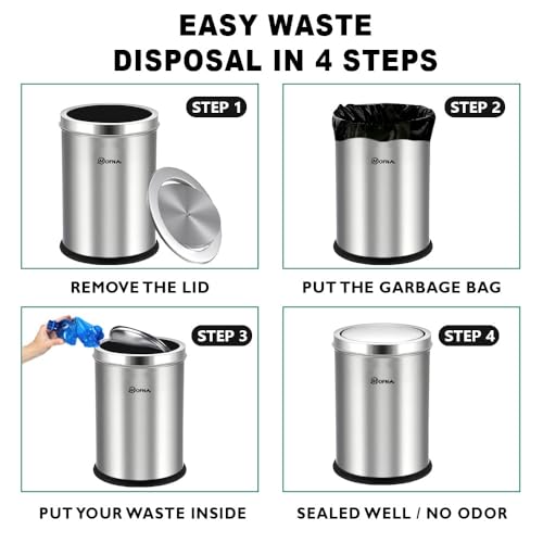 Image of mofna Stainless Steel Swing lid dustbin, Garbage Bin, Trash Can, with removable lid For Home, Kitchen, Bathroom, Office & Commercial Use - 8x12 In -10 Liter, Silver, Pack of 1