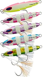 OCEAN CAT 5 Pcs Slow Pitch Jig Combo Saltwater Flat Fall Jig Vertical Jigging Fishing Lures with Jig Hook for Saltwater Fishing 5 Colors 80G/120G/160G/200G/250G/300G (5 Colors Comb, 160g(5 2/3oz))