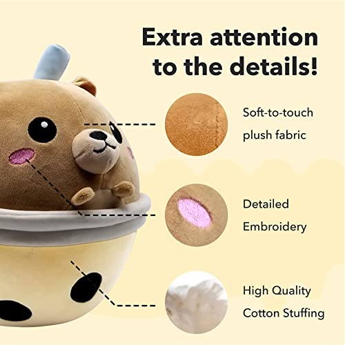 Mybubbli Cute Plushie Bundle. Large 10 Inch Boba Bear With 30+ Stickers- Bubble Milk Tea Asian Themed Comfort Food Soft Plush Toy Stuffed Animal - Kawaii Japanese Anime Style Plush #TOP2