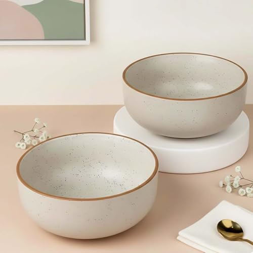 Image of The Earth Store White Matte Large Ceramic Bowl Set of 2, 800 ML | Microwave & Dishwasher Safe Serving Bowl for Mixing | Perfect for Serving Salad, Cereal, Noodle, Pasta | Home & Restaurant Use