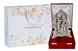 International Gift Silver Radha Krishna Chowki God Idol Statue Oxidized Finish with Luxury Velvet...