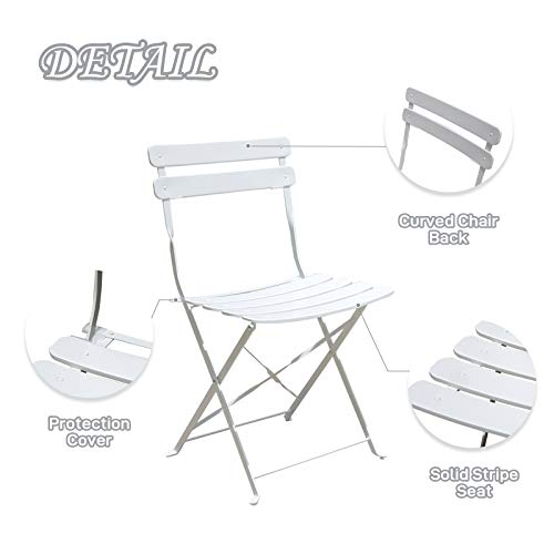Oc Orange-Casual 3-Piece Outdoor Furniture Set, Premium Steel Patio Stripe Small Bistro Set, Folding Dining Table And Chairs For Porch Balcony, White #TOP1
