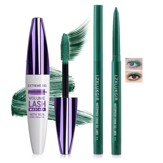 LZXLUKGIR Green Mascara and Eyeliner Set,Natural Curling Green Mascara for Eyelashes,Volumizing Lengthening Rimel de Pestañas Waterproof,5D Colored Eye Makeup