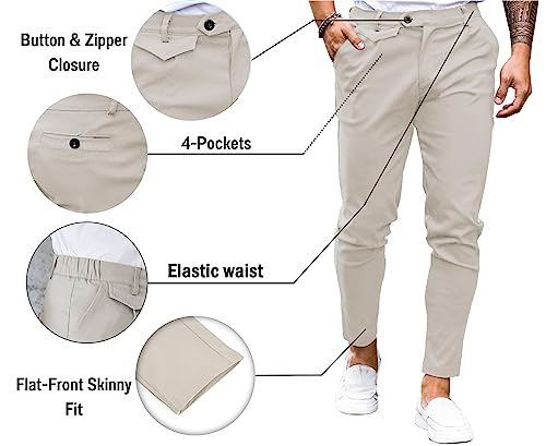 Image of Mens Chinos Slim Fit Pants Stretch Tapered Dress Pant Casual Trousers | Skinny Slacks, Flat Front Design, Stretch Cotton Fabric, Solid or Plaid, Work Dress Pants, Business Casual Wear
