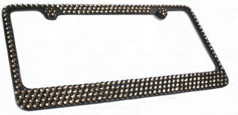 4 Row Grey (on Black) Rhinestone Bling Sparkle Metal License Plate Frame & Caps Set
