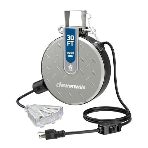 DEWENWILS 30FT Retractable Extension Cord Reel, Ceiling/Wall Mount 16/3 SJTW Power Cord with 3 Outlets Lighted Triple Outlets for Garage Shop, 10 Amp Circuit Breaker, Metal Plate, ETL Listed