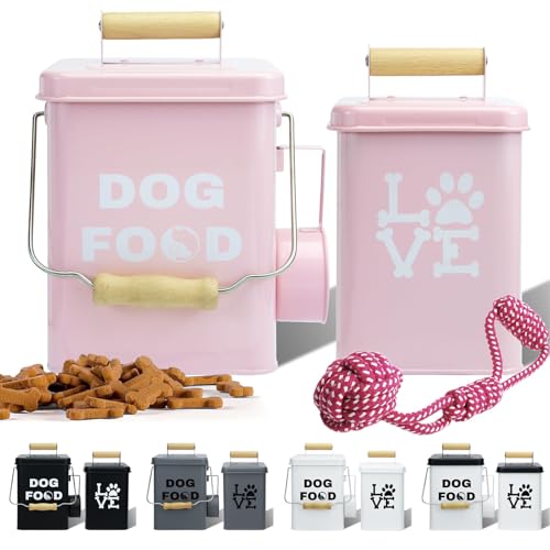NIXBYO Dog Food Storage Container Set of 2 Dog Treat Container with Airtight Lids Dog Treat Jar with Scoop Metal Dog Food Holder with Wooden Handles for Kitchen Counter and Pantry Home Decor - Pink