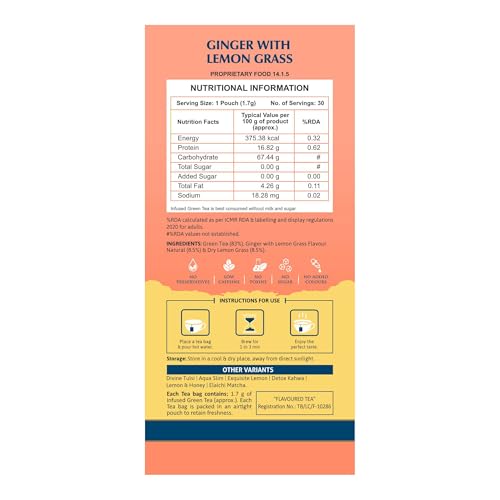 Image of Leeford Ginger Lemongrass Green Tea 30 Tea Bags (Pack of 2) | All Natural Flavour | Zesty Immunity Booster | Antioxidant Powerhouse | 100% Natural Digestion Aid | Brews Best with Added Honey | Milk-Free & Fuss-Free