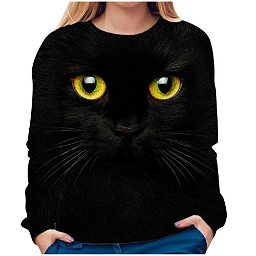 Womens Cat Sweatshirts Long Sleeve Crewneck Casual Winter Pullover Tops Shirts Black