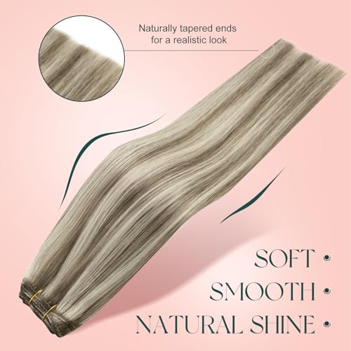 Image of Easyouth Weft Hair Extensions Highlight Sew in Hair Extensions Human Hair Light Brown Highlight with Medium Blonde Remy Human Hair Weft Extension for Short Straight Hair 12 Inch 70G