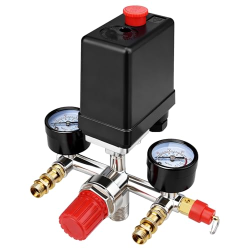 Uddick 90-120 PSI Air Compressor Pressure Control Switch Valve With 0-180 PSI Pressure gauge and Manifold Regulator (Vertical Switch)