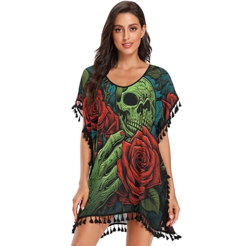Red Rose Green Hand Skull Women's Beach Cover Up Chiffon Tassel Swimwear Swimsuit Coverups for Girl