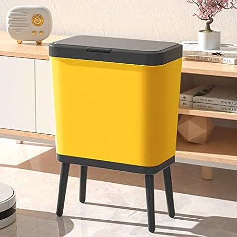 URALFA Small Kitchen Trash Can with Lid, Bathroom Garbage Can with Lid, Office Garbage Bin Waste Bin with Push Button, Nordic Small Waste Basket for Bedroom, Living Room, Yellow Cover
