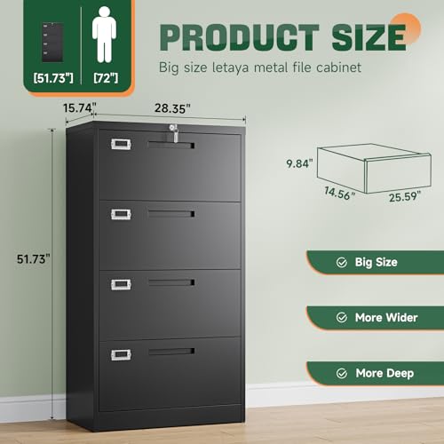 Image of Letaya 4 Drawer File Cabinets with Lock,Metal Lateral Filing Storage Cabinet Printer Stand,Black Steel Home Office Cabinet for Hanging Files Letter /Legal /A4 Size (Black, H51.73xW28.35xD15.74)