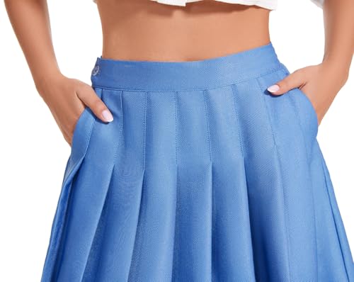 Image of Shestellar Stretchy Short Pleated Skirts for Women Cheerleader Uniform High Waist A-line Mini Skirt with Pockets Denim Blue S