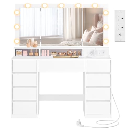 VASAGLE KAILYN Collection - Dressing Table with Tri-Fold Mirror, Vanity Table with 11 Bulbs, Power Outlets, 9 Drawers, 3 Colours, Tool-Free Drawer Slides Assembly, Cloud White RDT146WB02