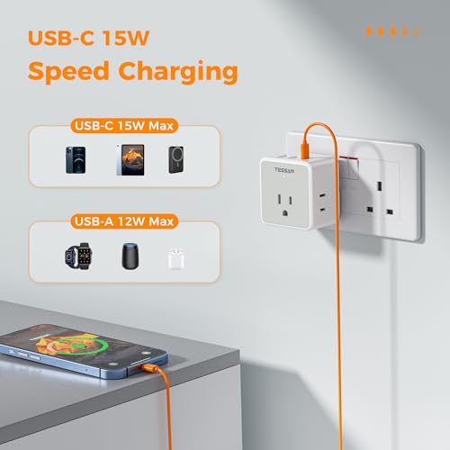 TESSAN Universal Travel Adapter Kit, 6-in-1 International Power Adapter with 3 USB (1 USB C) and 3 AC Outlets, Wordwide Adaptor Supports Type C, G, E/F, I, A, B for US EU UK Australia Japan, Grey3