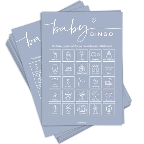 GardenCity Baby Shower Bingo Game for Boy or Girl Pre-Filled Fun Baby Shower Activity 50 Cards Blue