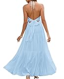 GLNEGE Summer Maxi Beach Dress Boho Halter V Neck Backless Bow Dresses Flowy Trendy Ruffle Sundress for Women 2025 Blue