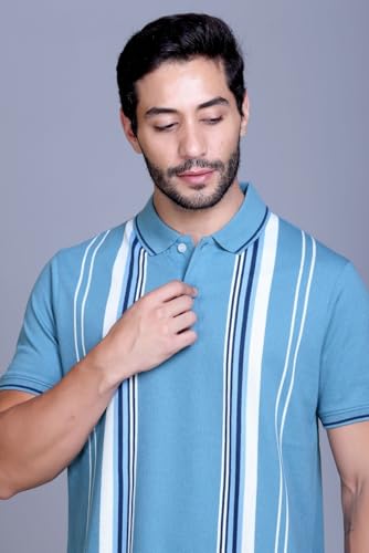 Image of SANE ORIGINALS Textured Polo T-Shirt for Men in Vertical Stripes || Old Money Polos for Men