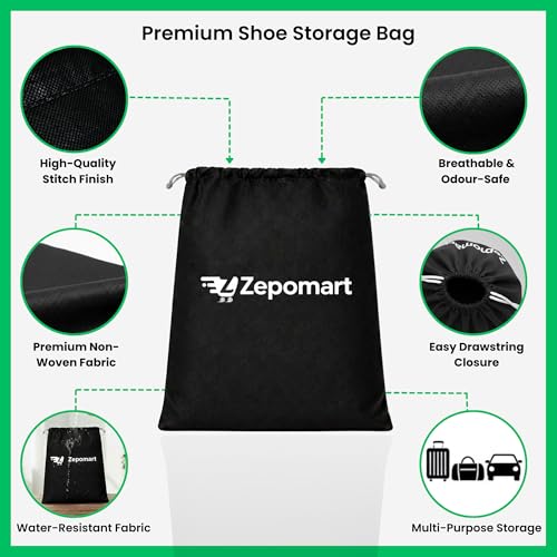 Image of Shoe Bag for Travel & Storage 16 x 12 Inch with FREE Shoe Cover, Dustproof & Water-Resistant Non Woven Shoe Organizer for Men & Women, Footwear Bag for Luggage, Gym & Home (Black, Pack of 1)