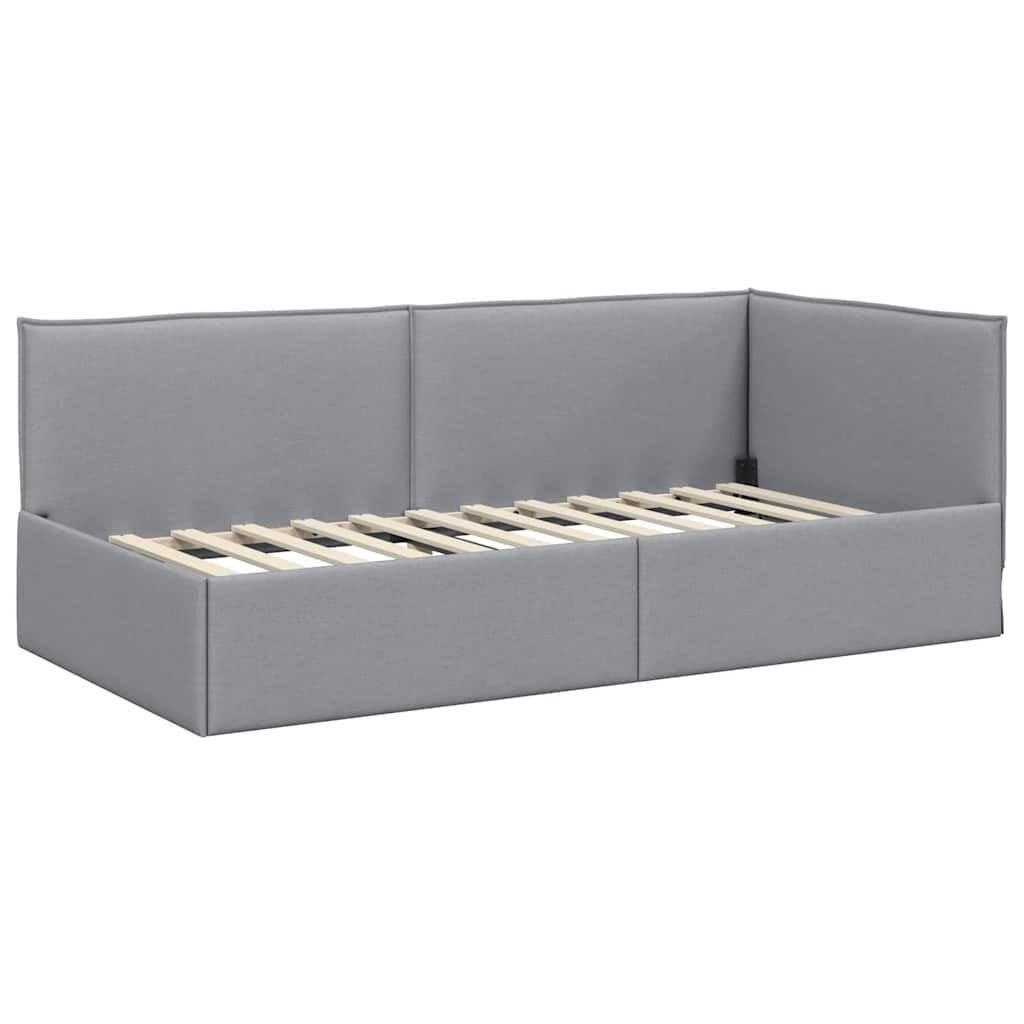 Tkanina oddychająca narożna z drewna inżynieryjnego Jasnoszary 80 x 200 cm | Rama łóżka narożnego Jasnoszary 80 x 200 cm tkanina z listwami, sofa tapicerowana do sypialni, L-kształtna platforma