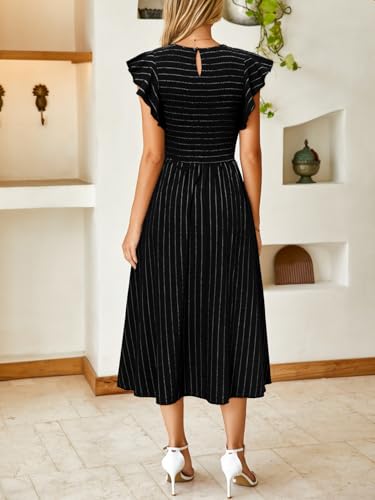 Image of Simplee Womens Striped Midi Summer Dress Linen Smocked Flutter Short Sleeve Dress Flowy Casual Dress with Pockets