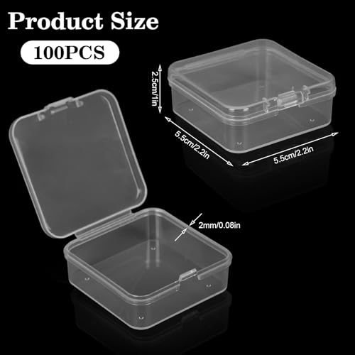 Image of AQQHSAIN 100 Pieces Transparent Boxes with Hinged Lid Clear Plastic Beads Storage Containers Box Mini Square Arts Crafts Storage Boxes Organizers for Earplugs,Pins, Jewelry,Small Items