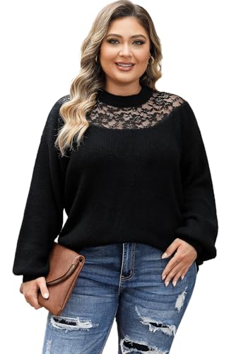 Women's Black Plus Size Ribbed Knit Lace Splicing High Neck Sweater