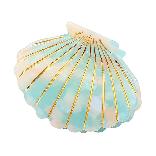 Pinza de acetato de alta calidad para mujer con forma de concha de mar pequeña acabado cian