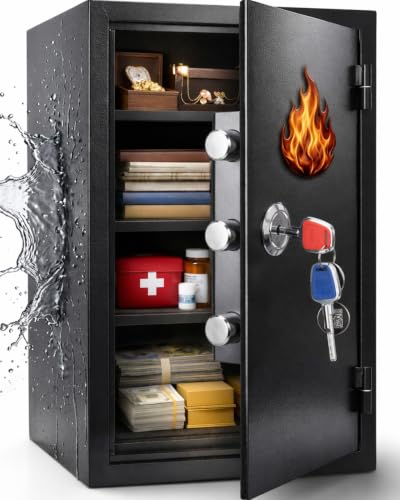 [𝟮𝟬𝟮𝟲 𝗡𝗲𝘄] 23.69'' Tall Fireproof Safe for Home, 1800°F Fire Protection for 60 Minutes, Fire and Water Proof Safe Box with Mechanical Lock, Removable Shelf for Documents, Cash and Valuable