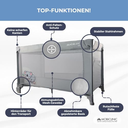 Mobiclinic®, Reisebett, Tragetasche, 2 in 1, Ultrakompakt faltbar, Herausnehmbare matratze, Mofli, Bis zu 15kg, Atmungsaktives gewebe, Seiteneingang mit reißverschluss, Baby laufstall (grau)