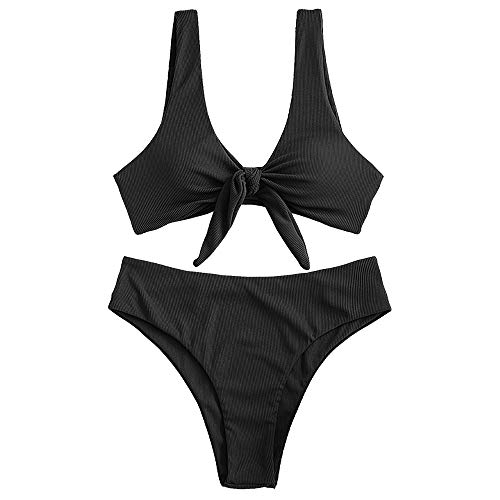 ZAFUL Women's Ribbed Tie Front Knot Bralette High Waisted Hipster Bikini Ditsy Floral High Cut Swimsuit