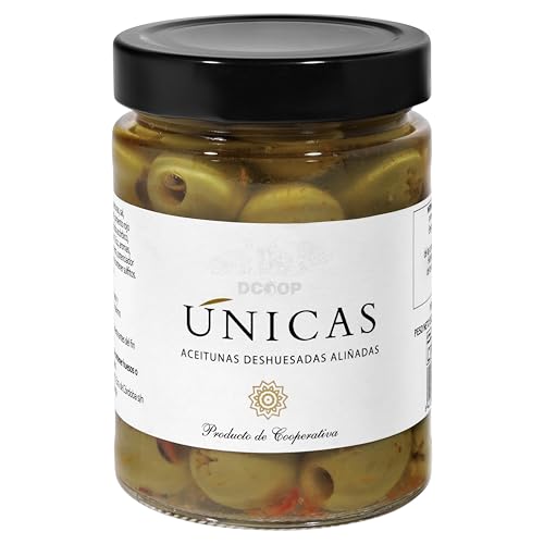 DCOOP Aceitunas Deshuesadas Aliñadas “Únicas” – Aceitunas Verdes Hojiblanca de Categoría Primera, Receta Tradicional, Listas para Consumir, Ideales para Aperitivos y Ensaladas, PN 325 g (PNE 160 g)