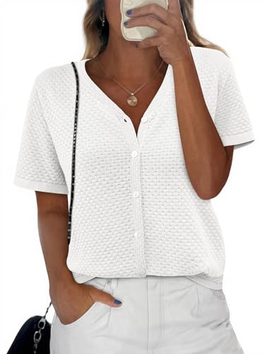 Image of NALANISA Women's Short Sleeve Sweater Spring Summer Crochet Knit Tops 2026 V Neck Striped Button Down Dressy Casual Blouses