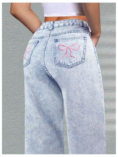 WDIRARA Girl's Bowknot Embroidery Wide Leg Jeans Y2k Baggy Denim Pants3