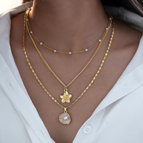 Gold Layered Necklaces for Women,Dainty 14k Gold Plated Stackable Choker Necklaces for Women,Trendy Layering Pearl Chain Paperclip Pendant Jewelry Set Gifts3
