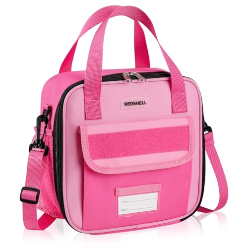 REDSHELL Tactical Lunch Box Kids, Large Insulated Lunch Bag for Girls, Cooler Lunchbag, Toddler Square Lunchbox, School Daycare Lunch Tote Pail with Water Bottle Holder Shoulder Strap, Rose Red