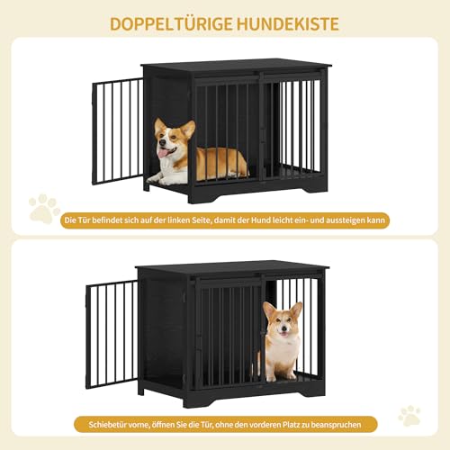 Hzuaneri Hundekäfig Möbel, 81cm hundebox für zuhause, Schiebetüren, 2 Türen, Moderne hundebox Holz Indoor für kleine/mittlere Hunde, Hundekäfig für Zuhause, 81 x 55 x 67,5cm, Schwarz DFC83604B
