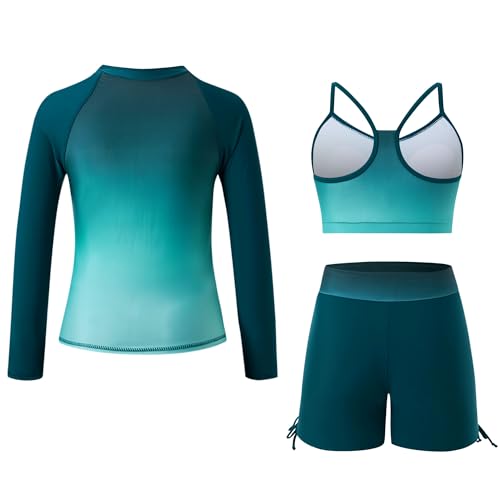 Image of Funnycokid Girls Swimsuit 3 Pieces Long Sleeve Rash Guard Zip Bathing Suits Teens Boyshort 3-14 Years