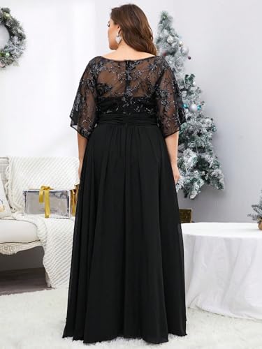 Women's Plus Size V Neck Lace Sequin Embellished with Pleat Waist Contrast Chiffon Long Formal Evening Party Dress4