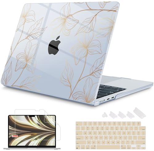 Image of Mektron Case for 2026 MacBook Air 13-inch M5 Laptop A3449 with 13.6-inch Liquid Retina Display, 2025 2024 2022 M4 /M3 /M2 MacBook Air 13 inch Hard Shell Cover, Model A3240 A3113 A2681, Gold Flower S718-Blue