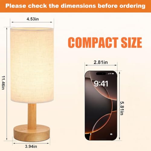 Image of Rechargeable Cordless Touch Table Lamp with Stepless Dimming,Natural Wood Base&Linen Shade,Small Battery Wireless Ambient Night Light for Bedroom,Bedside,Nightstand,Nursery,Kitchen,Camping,Outdoor