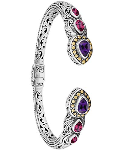 Image of DEVATA Sterling Silver 925 and 18K Gold with Gemstones Bali Filigree Cuff Bracelet