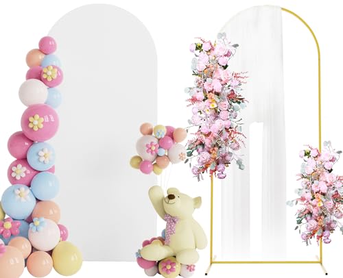 Putros 6ft Metal Arch Stand with Cover White Spandex Fitted Wedding Arch Cover and Round Top Chiara Backdrop Set for Birthday Party Baby Shower Decoration