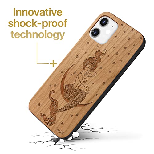 Caseyard Wood Phone Case For Iphone 11 Laser Engraved Mermaid On The Moon Design Cherry Wood Compatible Iphone Case Protective Shockproof Slim Fit Cell Phone Cover For Men & Women #TOP2