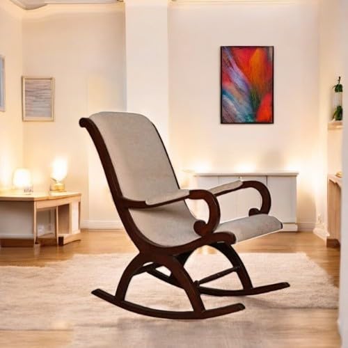 Image of Solid Sheesham Wood Rocking Chair for Living Room | Ergonomic Resting Chair for Relaxing and Pregnant Women (Off-White)