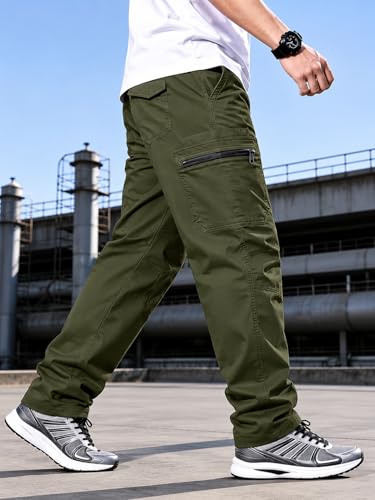 Image of Men's Pure Cotton Cargo Pants | Regular Fit Multi-Pocket Utility Trousers for Men | Solid Cargo Bottom Wear with Zip Pockets | Comfortable Casual Outdoor Wear